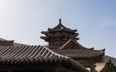 Ancient Chinese wooden pagoda, Crescent Moon Spring, at Dunhuang, Gansu, China
