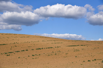 big white clouds in a blue sky above field
