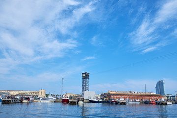 Fototapeta na wymiar BARCELONA, SPAIN -MAY 18, 2018: Tower of the cable car in the port of the city