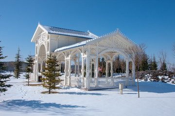 winter, snow, trees and an interesting building. Eskisehir, Turkey
