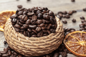 coffee bean in wood bowl