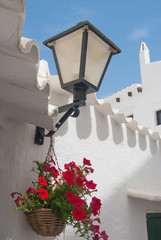 Petunia and streetlight on the wall of a house in the Binibequer Vell town © Simona
