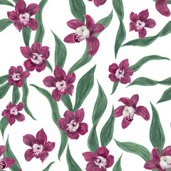 Watercolor painting seamless pattern with beautiful orchid flowers