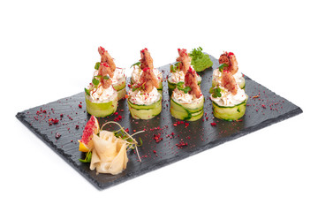 Black rectangle plate with sushi, isolated on white