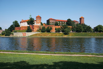 Fototapeta na wymiar Wawel Hill and the architectural complex in Krakow, on the left bank of the Vistula.