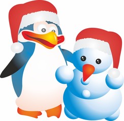 Snowman and penguin on white background. Christmas holiday. Winter holiday cartoon cute card, Merry christmas card.