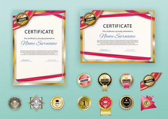 Obraz premium White modern certificates with abstract red ribbon and set of emblems. Horizontal and vertical template with grey realistic frame and different emblems. Luxury premium badges