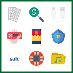 9 internet icon. Vector illustration internet set. plane ticket and shield icons for internet works