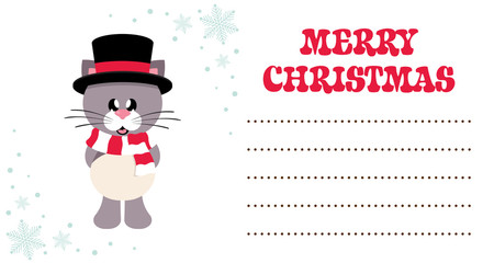 cartoon cute cat in hat with scarf on the christmas card