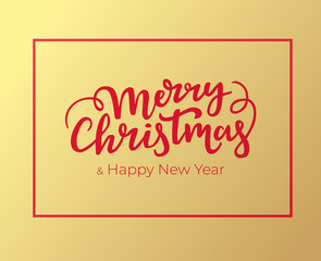 Christmas and New Year greeting card design with red frame and hand lettering. Typographical festive postcard for winter holidays with golden foil background.