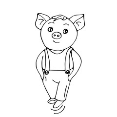 Hand-drawn piglet. On a white background