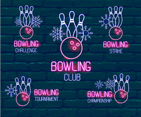 Set of neon logos in pink-blue colors with skittles, bowling ball, snowflakes. Collection of 5 vector signs for winter bowling tournament, challenge, championship, strike, club against dark brick wall
