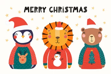Keuken spatwand met foto Hand drawn vector illustration of cute animals lion, penguin, bear in Santa hats, sweaters, with text Merry Christmas. Isolated objects on white. Scandinavian style flat design. Concept for card. © Maria Skrigan