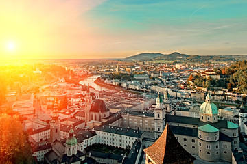 Beautiful sunset aerial view on Salzburg, Austria, Europe. City in Alps of Mozart birth. Panoramic...