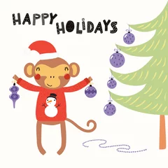 Rolgordijnen Hand drawn vector illustration of a cute monkey in a Santa hat, sweater, with ornaments, tree, text Happy holidays. Isolated objects on white. Scandinavian style flat design. Concept Christmas card. © Maria Skrigan