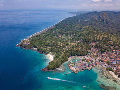 Indonesia, Bali, Aerial view of Padangbai, bay, beach