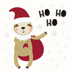 Hand drawn vector illustration of a cute funny sloth in a Santa Claus hat, beard, with bag, text Ho ho ho. Isolated objects on white. Scandinavian style flat design. Concept for Christmas card, invite