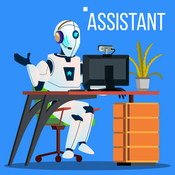 Answerphone, Robot With Headphones Answering The Phone Calls Vector. Isolated Illustration