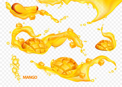 Set of transparent splashes of mango juice with mango fruit. Realistic vector illustration.