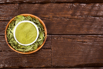 Natural sweetener in powder from stevia plant - Stevia rebaudiana.