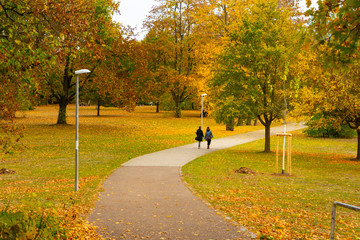 Spazieren im Park bei Herbst