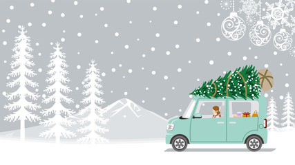 Obraz premium Young woman riding the car which loaded the Christmas tree - Winter nature and ornament background