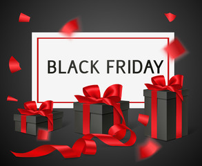 Black friday sale design template. Vector banner with black gift boxes and red bow. Holiday decoration