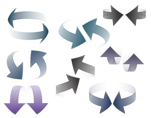 Set of 3D pairs of arrows halfton, distorted in space. Elements for design.