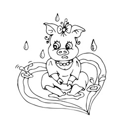 Sad cute pig sitting in a puddle in the rain