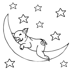 Pig sleeping on the moon among the stars
