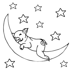 Pig sleeping on the moon among the stars