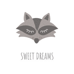 Vector Illustration with cute animal on white background. Funny Raccoon. Retro style.Sweet dreams phrase. Perfect fo kids cards, posters, book illustration and other design projects. EPS10