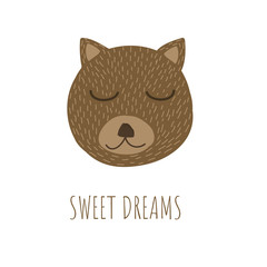 Vector Illustration with cute animal on white background. Funny Bear. Retro style.Sweet dreams phrase. Perfect fo kids cards, posters, book illustration and other design projects. EPS10