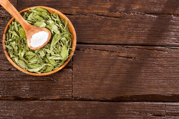 Natural sweetener in powder from stevia plant - Stevia rebaudiana.