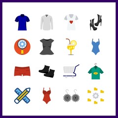 16 set icon. Vector illustration set set. settings and swimsuit icons for set works