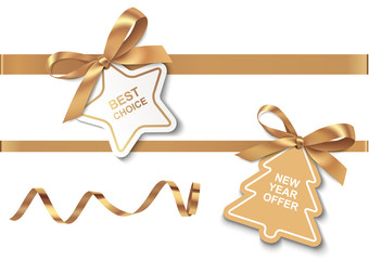 Set of New Year or Christmas Sale tags with golden ribbon and bow on white background. Vector illustration. Holiday decoration