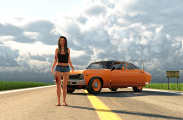 3d illustration of injured woman walking on highway after her vehicle is run out of gas,and being chasing by a killer
