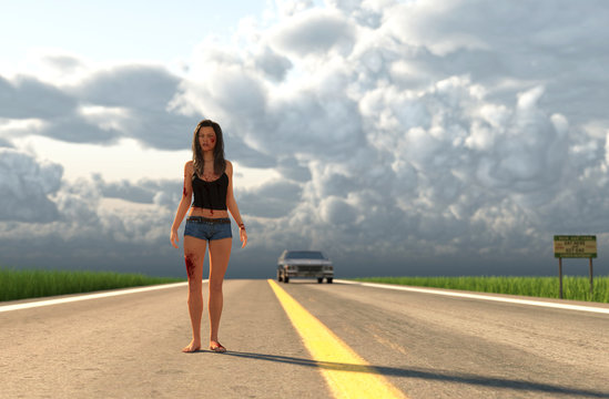 3d illustration of injured woman walking on highway after trying to escape from a killer
