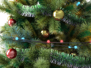 Christmas tree close up with colorful toys 3d render isolated on white