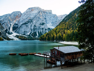 Braies Lake (Lago di Braies, Pragser Wildsee) in Dolomites mountains, Sudtirol, Italy.