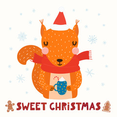Hand drawn vector illustration of a cute funny squirrel in a Santa hat, scarf, with cocoa, text Sweet Christmas. Isolated objects on white. Scandinavian style flat design. Concept for card, invite.