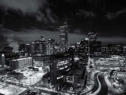 Fototapeta Aerial drone black and white cityscape of the capital city of Denver Colorado at night