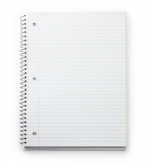 Blank note book with three ring binder holes and red margin line, isolated on white.