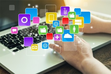 Woman Working with Laptop on blurred background,