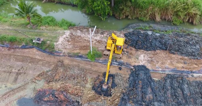 Aerial drone shot of a excavator working
