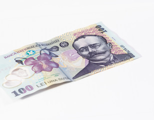 One banknote worth  100 Romanian Lei isolated on a white background