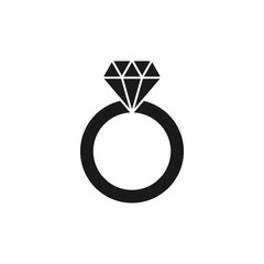 Black isolated icon of wedding ring with diamond on white background. Silhouette of wedding ring. Flat design.