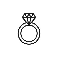 Black isolated outline icon of wedding ring with diamond on white background. Line Icon of wedding ring.