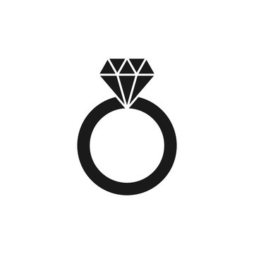 Black isolated icon of wedding ring with diamond on white background. Silhouette of wedding ring. Flat design.