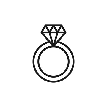 Black isolated outline icon of wedding ring with diamond on white background. Line Icon of wedding ring.